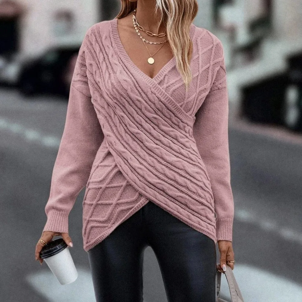 Dusty Pink Casual Womens Wrap Cross Drop Shoulder Cable Knit Sweater - Picture 3 of 5